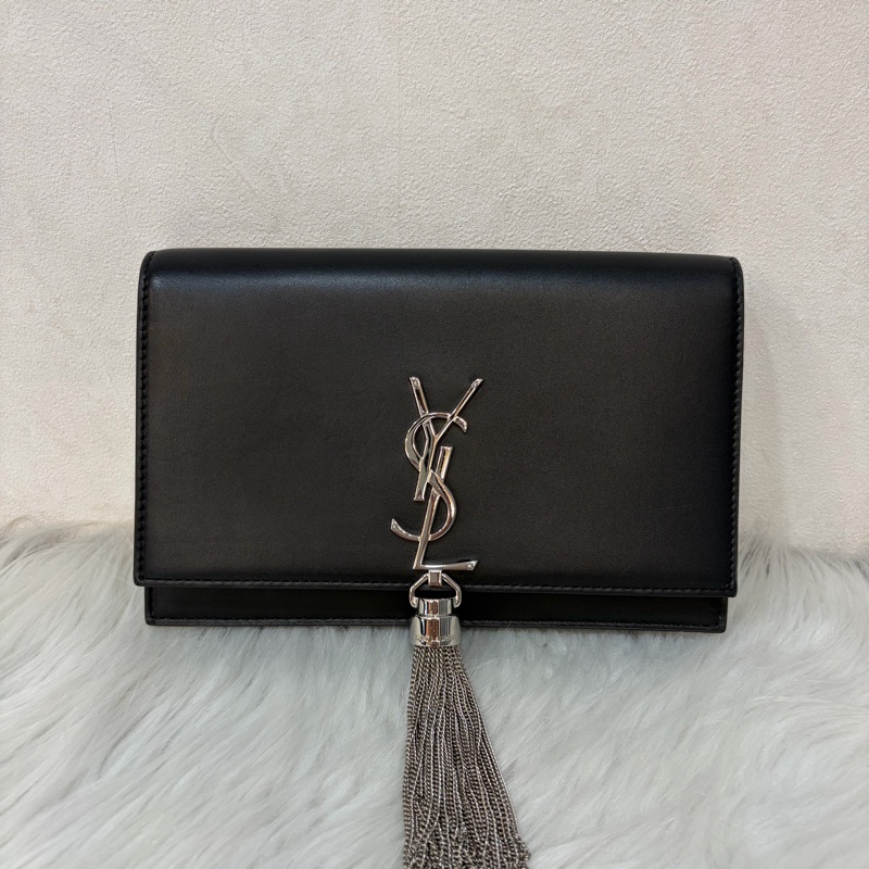 YSL 452159 KATE WOC 黑色 牛皮 銀鍊 肩背包 斜背包 鍊子 長夾 發財包 錢包-1