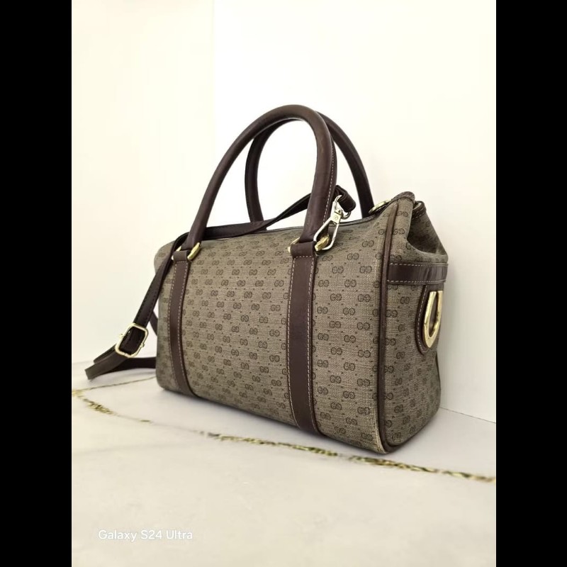 【LA LUNE】中古包 Gucci咖啡色老花小號波士頓包 斜背包 側背包 單肩包 古董-1