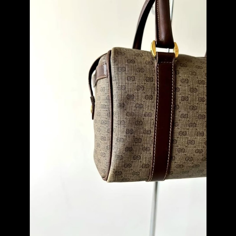 【LA LUNE】中古包 Gucci咖啡色老花小號波士頓包 斜背包 側背包 單肩包 古董-3