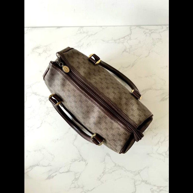 【LA LUNE】中古包 Gucci咖啡色老花小號波士頓包 斜背包 側背包 單肩包 古董-5