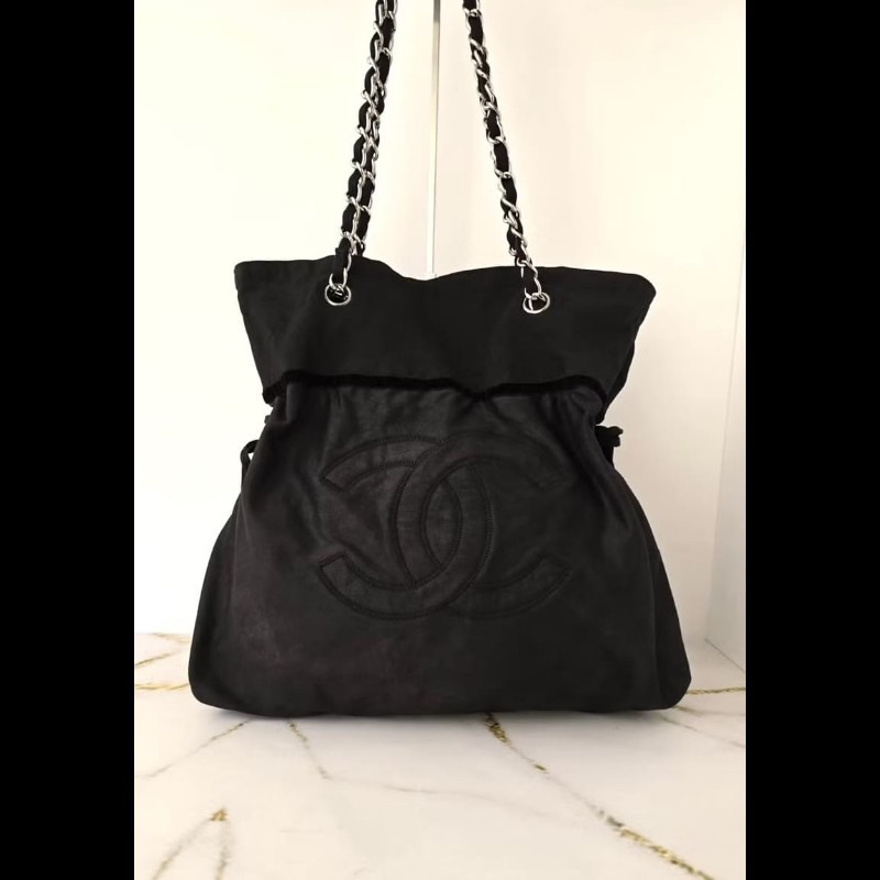 【LA LUNE】中古包 Chanel黑色銀扣拼皮流浪包 單肩包 側背包 二手包 古董包 水桶包 抽繩包-2