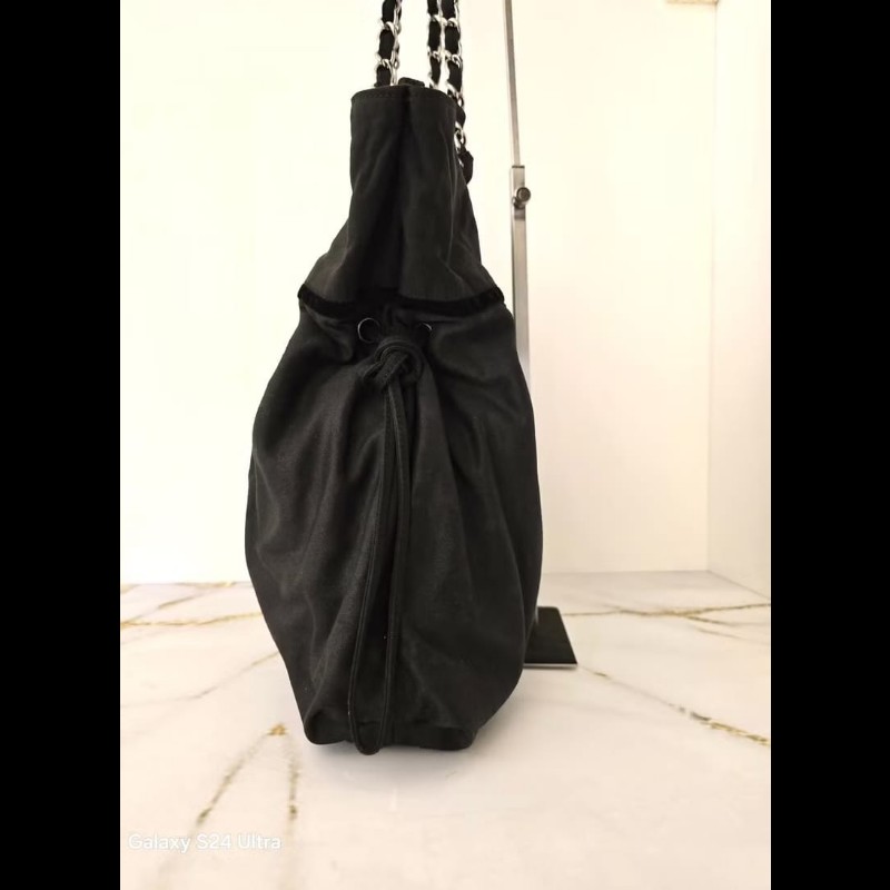 【LA LUNE】中古包 Chanel黑色銀扣拼皮流浪包 單肩包 側背包 二手包 古董包 水桶包 抽繩包-3