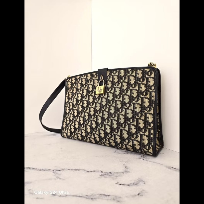 【LA LUNE】絕版古董包 Dior藍黑色老花金鎖包 中古包 單肩包 側背包 斜背包-2