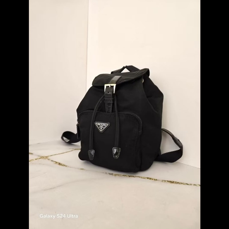 【LA LUNE】絕版古董品 Prada黑色銀標尼龍雙肩包 後背包 背囊 中古包 二手包-4
