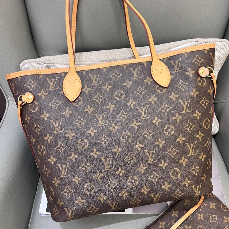 Louis Vuitton路易威登 芯片款老花neverfull nf中號子母購物袋 底長31 米色內里-0