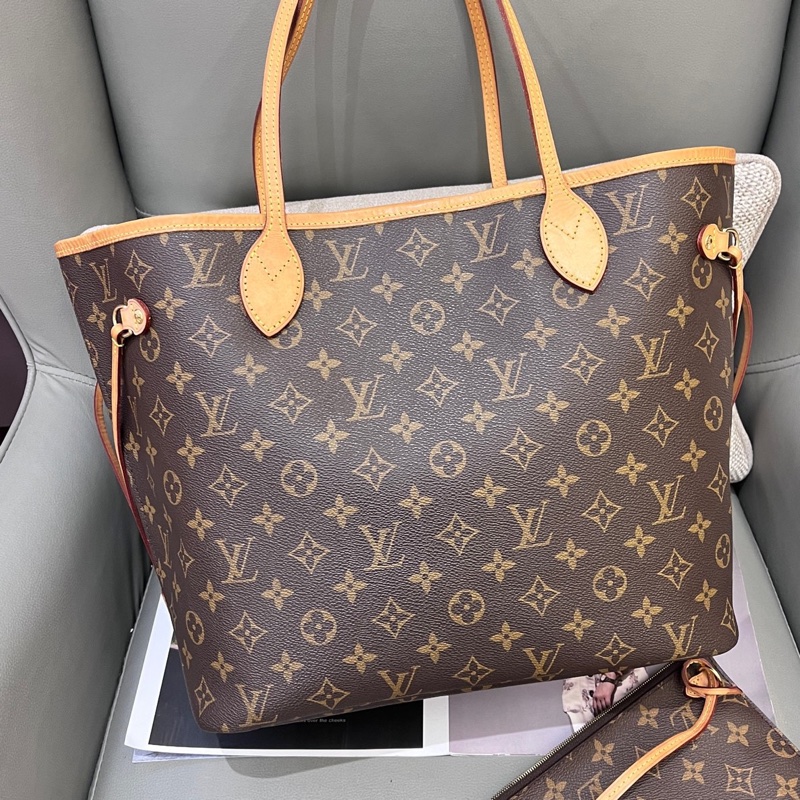 Louis Vuitton路易威登 芯片款老花neverfull nf中號子母購物袋 底長31 米色內里-1