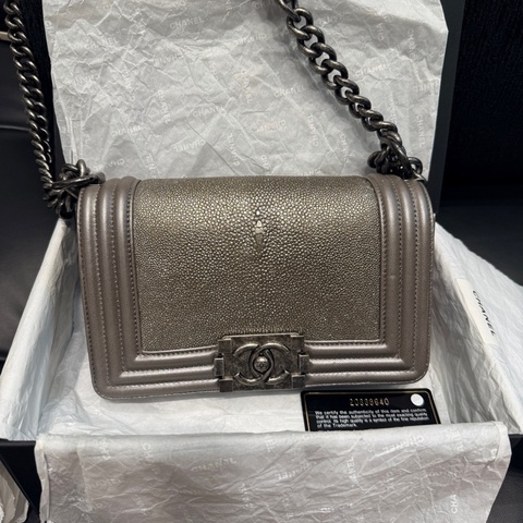 Chanel • Le Boy 20 金屬銀色珍珠魚皮 小號