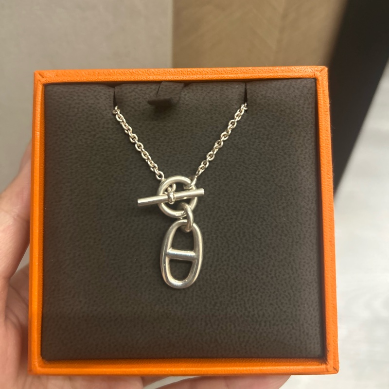 Hermes 愛馬仕 豬鼻子 T扣 純銀項鏈-0