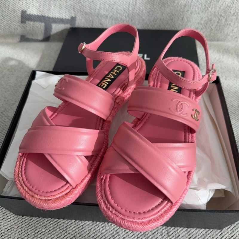 【全新品】香奈兒內購chanel 粉色漁夫鞋涼39碼全皮-2