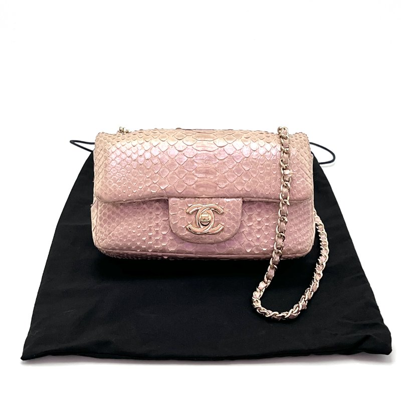 CHANEL 閃光淡紫色金扣蛇皮 CF小mini肩背斜背鏈條包 17*10*5 98新配件塵袋-1