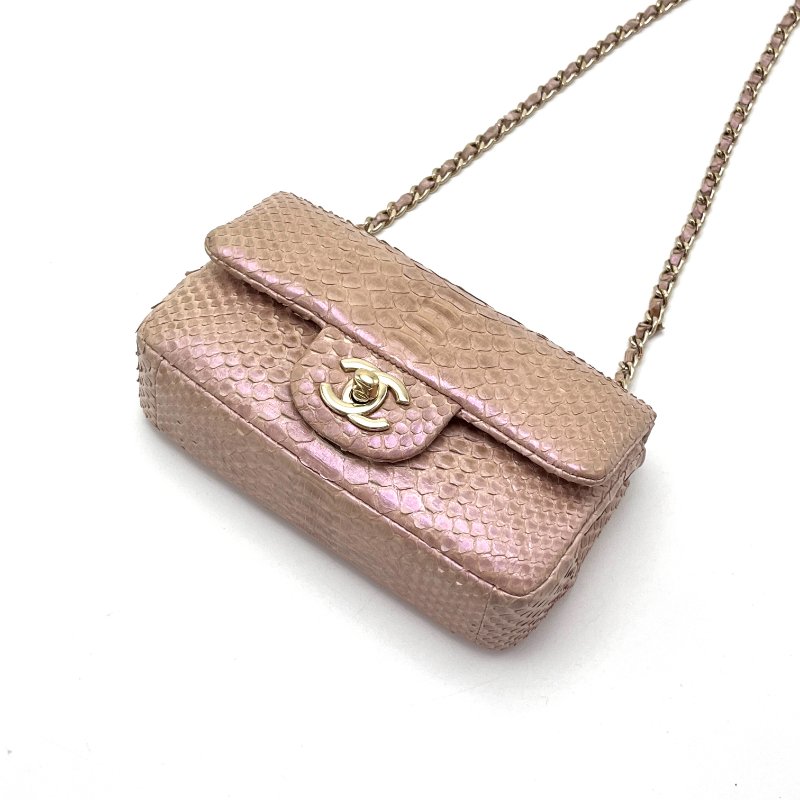 CHANEL 閃光淡紫色金扣蛇皮 CF小mini肩背斜背鏈條包 17*10*5 98新配件塵袋-2
