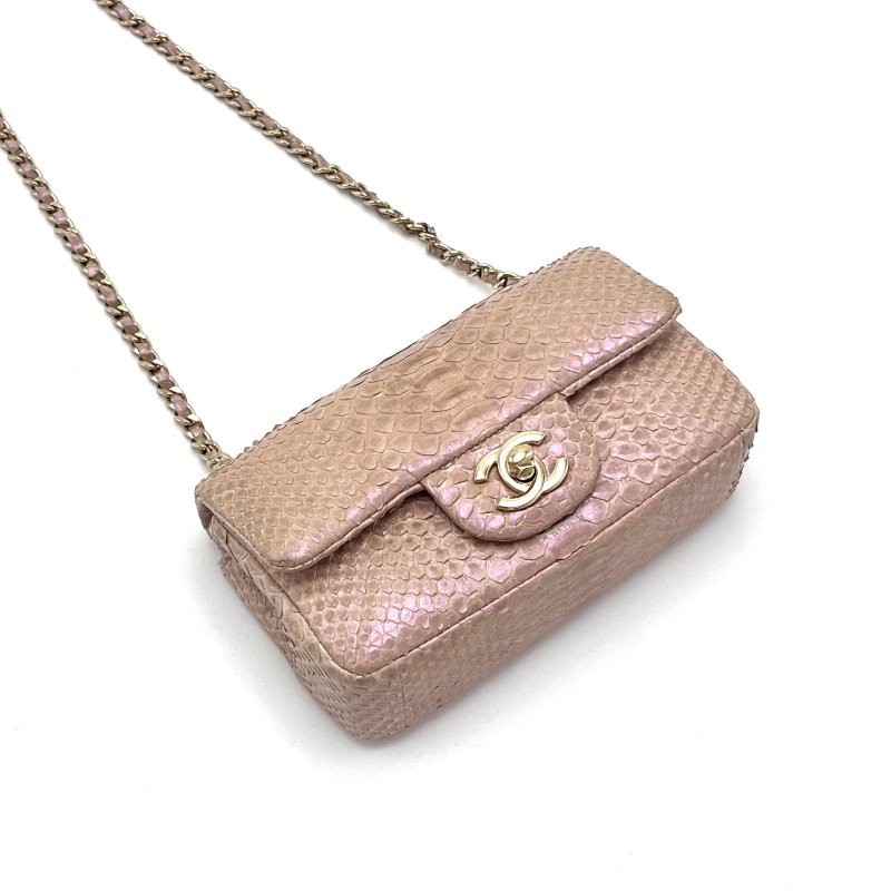 CHANEL 閃光淡紫色金扣蛇皮 CF小mini肩背斜背鏈條包 17*10*5 98新配件塵袋-3