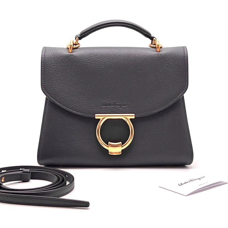 FERRAGAMO 灰金馬蹄扣 手提肩背包 26*19*11 98新配件塵袋-1