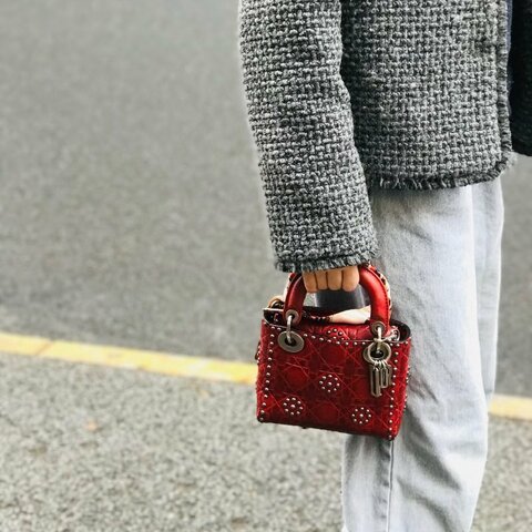 DIOR 限量款紅色鉚釘三格黛妃手提肩背斜背包 17*14*8 98新配件盒子塵袋購證保卡