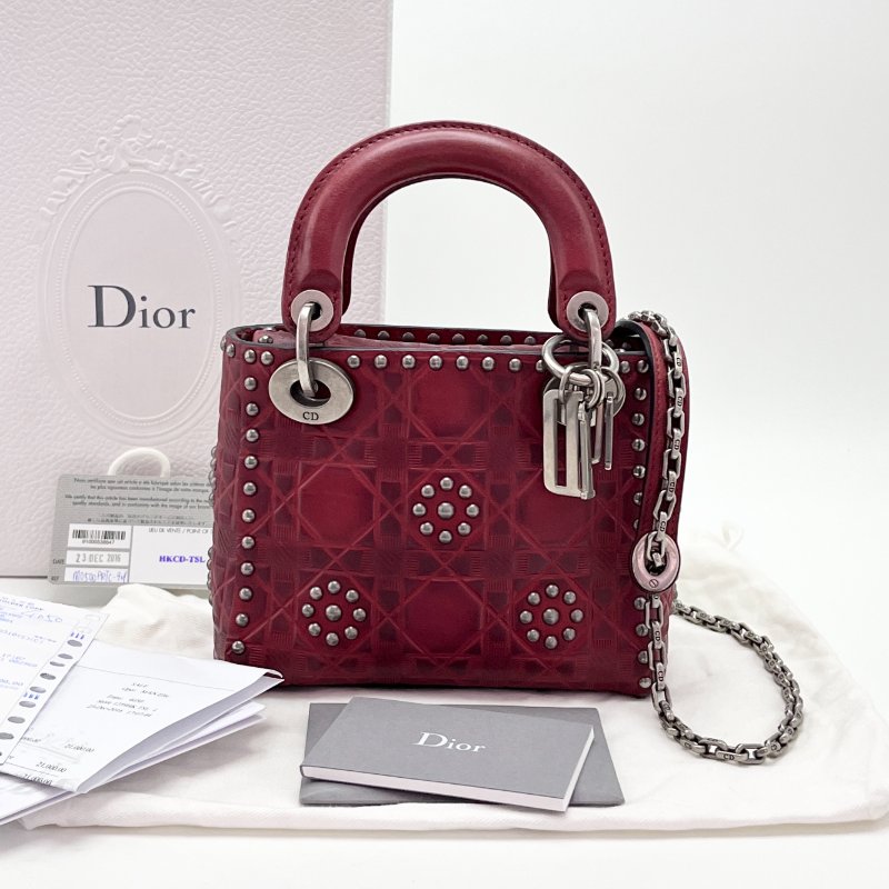 DIOR 限量款紅色鉚釘三格黛妃手提肩背斜背包 17*14*8 98新配件盒子塵袋購證保卡-1