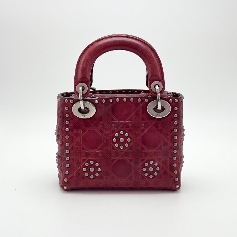 DIOR 限量款紅色鉚釘三格黛妃手提肩背斜背包 17*14*8 98新配件盒子塵袋購證保卡-2