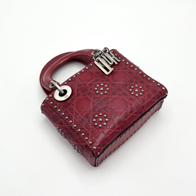 DIOR 限量款紅色鉚釘三格黛妃手提肩背斜背包 17*14*8 98新配件盒子塵袋購證保卡-4