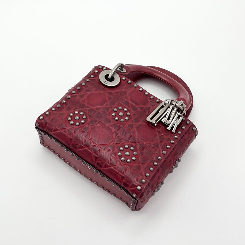 DIOR 限量款紅色鉚釘三格黛妃手提肩背斜背包 17*14*8 98新配件盒子塵袋購證保卡-5