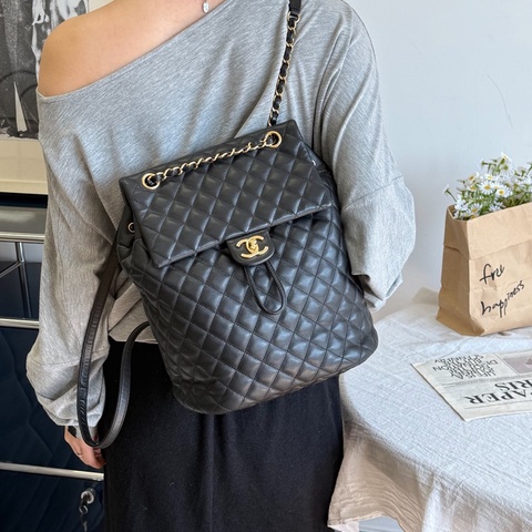 CHANEL 香奈兒 黑金羊皮薩爾茨堡雙肩包 23開 底長24