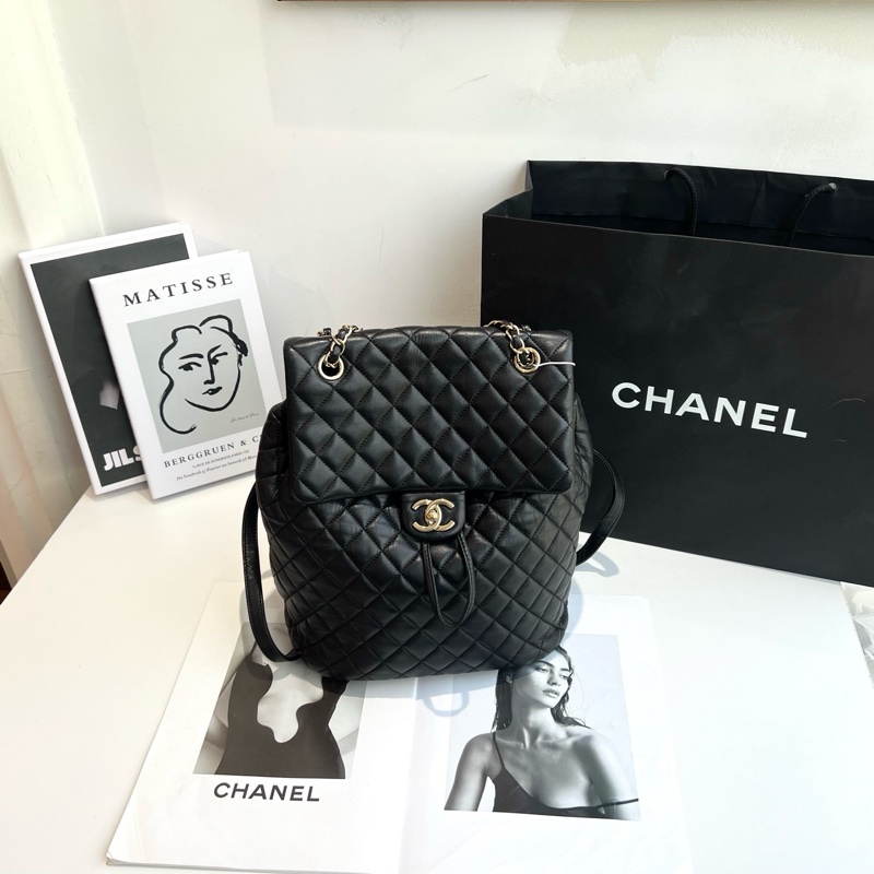 CHANEL 香奈兒 黑金羊皮薩爾茨堡雙肩包 23開 底長24-2