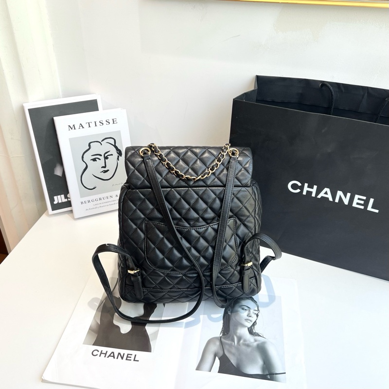 CHANEL 香奈兒 黑金羊皮薩爾茨堡雙肩包 23開 底長24-3