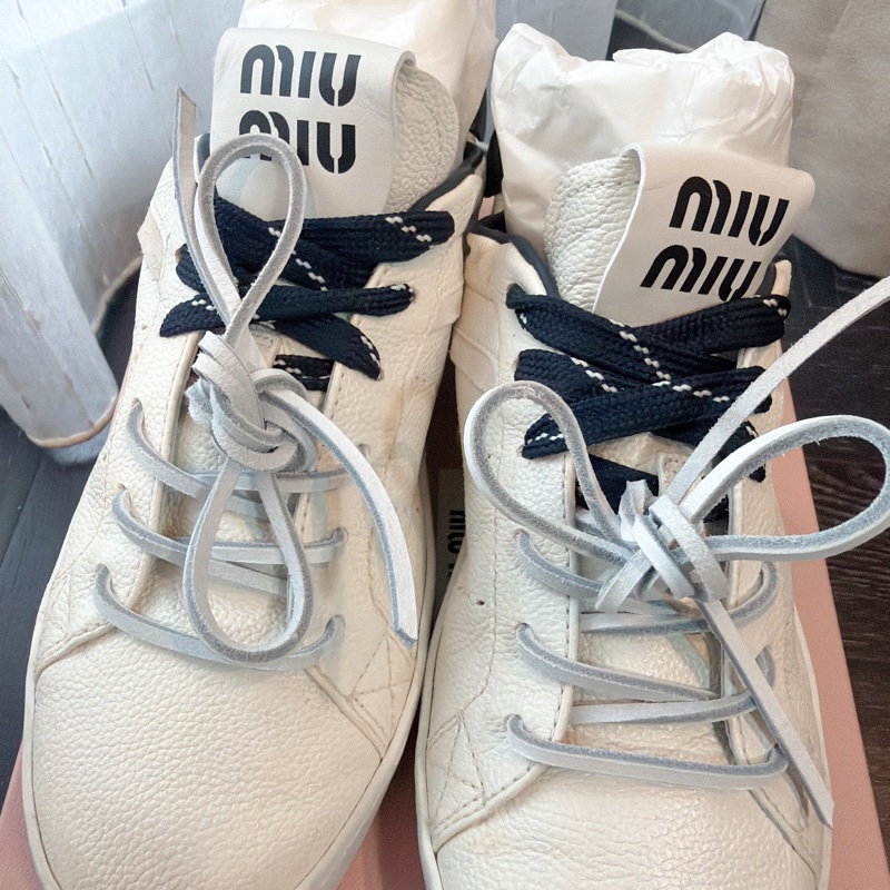 二手精品自賣❤️Miu Miu撞色深藍*白雙鞋袋造型髒髒後鬆緊小白鞋👟36.5號.全配-11