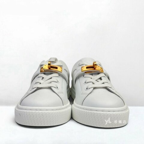 s5476-Hermes 白色牛皮玫瑰金Kelly鞋釦 Day運動鞋