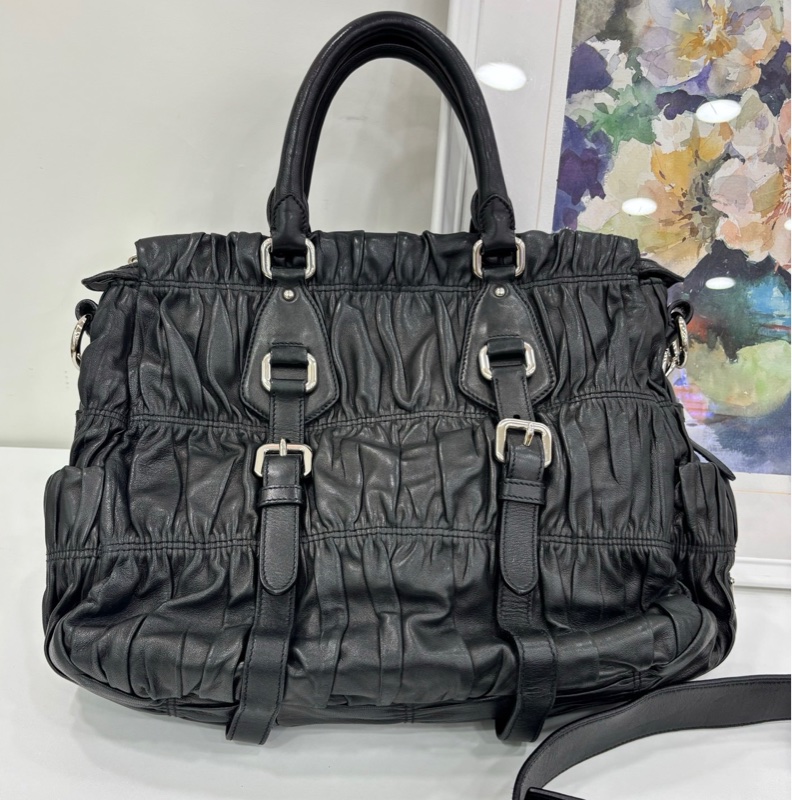 Prada 黑銀全皮褶皺手提斜背包 側邊三角標誌 有肩帶-1