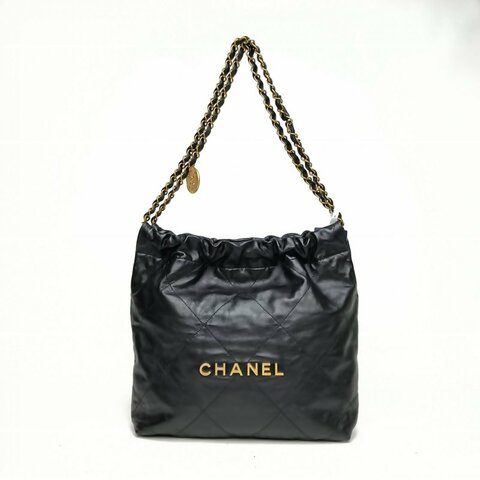 CHANEL 22BagTote托特包小號黑色牛皮晶片開金扣肩背包