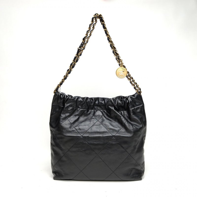 CHANEL 22BagTote托特包小號黑色牛皮晶片開金扣肩背包-2