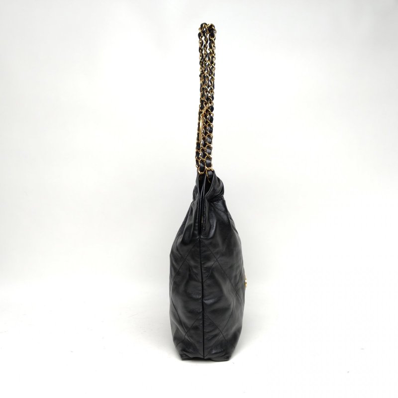 CHANEL 22BagTote托特包小號黑色牛皮晶片開金扣肩背包-3