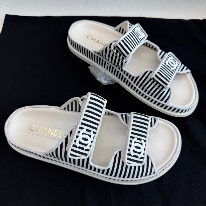 CHANEL香奈兒 雙帶露趾套腳 橡膠 一字拖鞋 黑白色 39碼-2