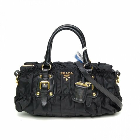 PRADA 黑色尼龍金扣手提褶皺eastwest法棍包肩背包