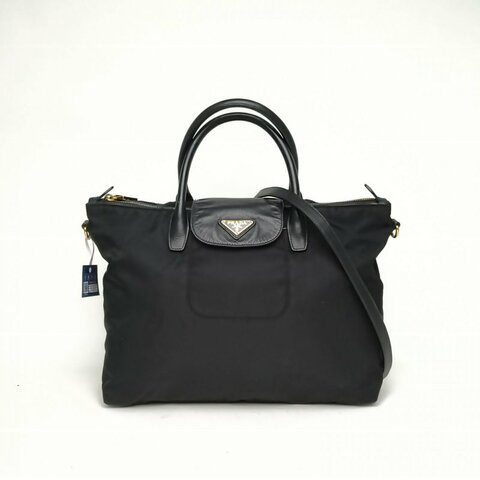 PRADA 黑色尼龍金扣prada三角標手提包肩背包