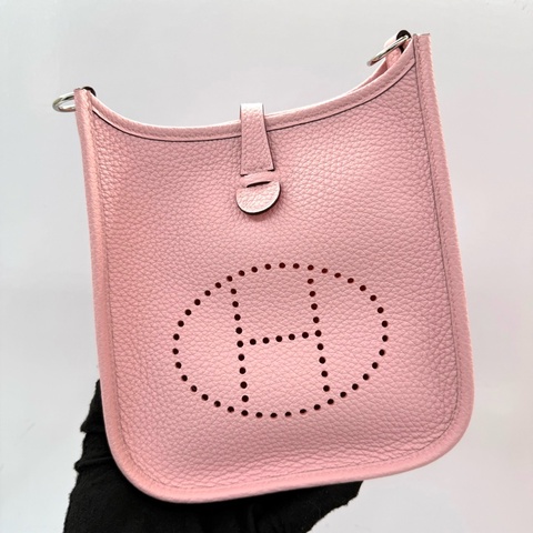 HERMES 愛馬仕 3Q Rose Sakura 櫻花粉EVELYN MINI 16 斜背包 CLEMENCE K刻