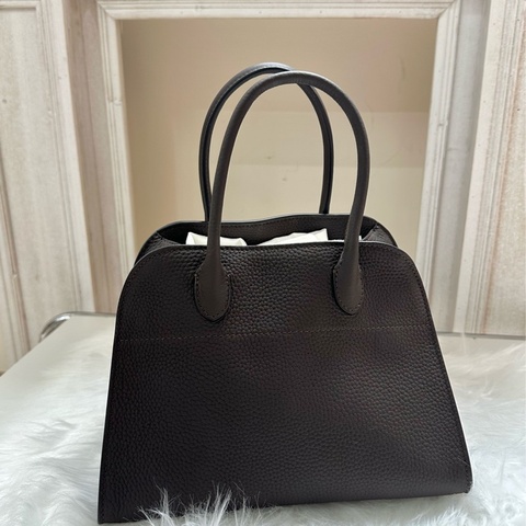 全新THE ROW Soft Margaux 10 啞光紋理側面護腰帶古董銀飾 小牛皮 手提包 深棕色