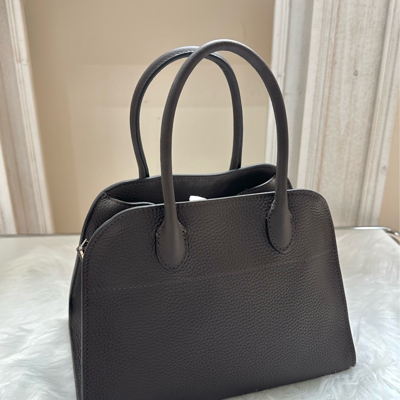 全新THE ROW Soft Margaux 10 啞光紋理側面護腰帶古董銀飾 小牛皮 手提包 深棕色-2