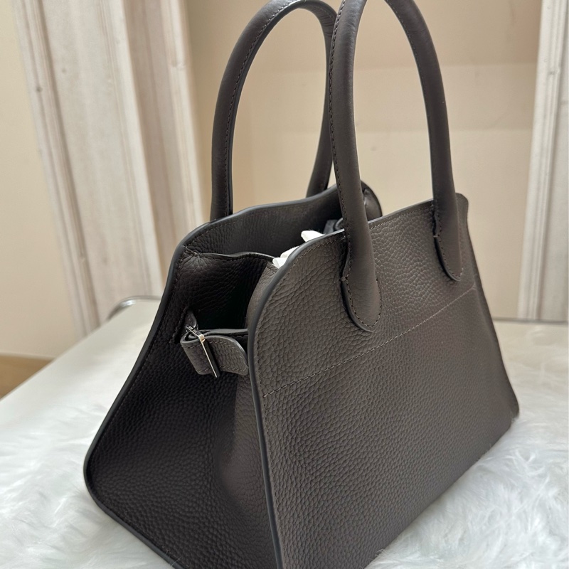 全新THE ROW Soft Margaux 10 啞光紋理側面護腰帶古董銀飾 小牛皮 手提包 深棕色-3