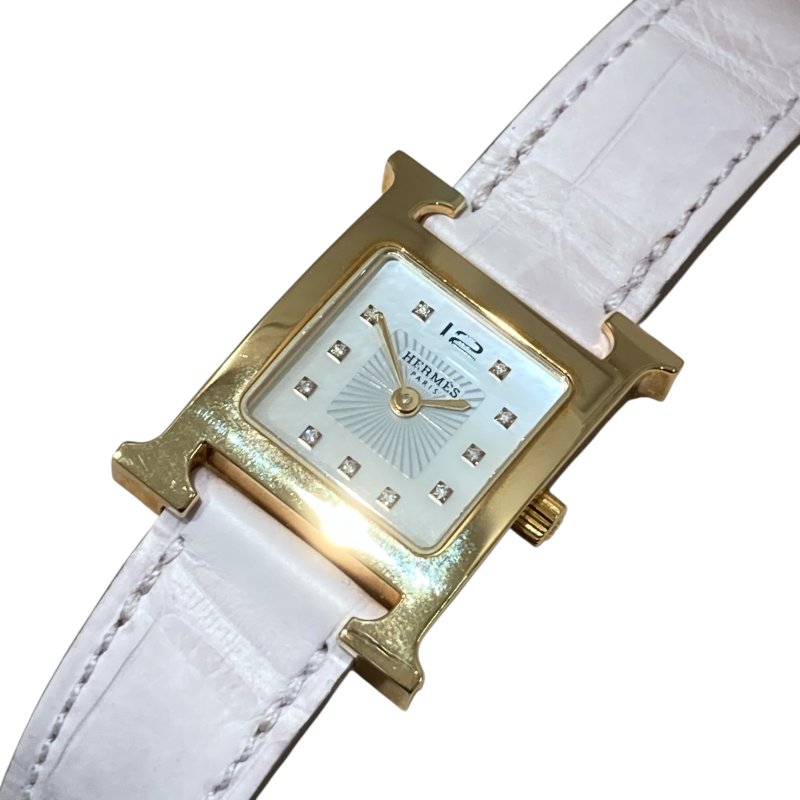 HERMES 愛馬仕 HH1.202 HEURE H 珍珠貝母鑽石鍍金手石英錶 不鏽鋼 石英錶-0