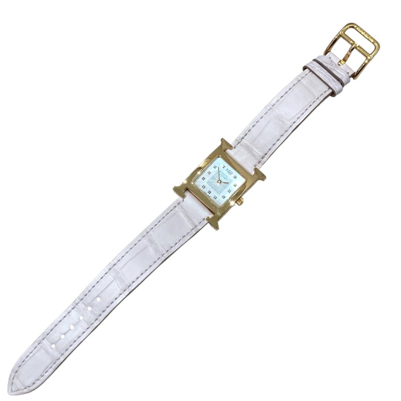 HERMES 愛馬仕 HH1.202 HEURE H 珍珠貝母鑽石鍍金手石英錶 不鏽鋼 石英錶-1