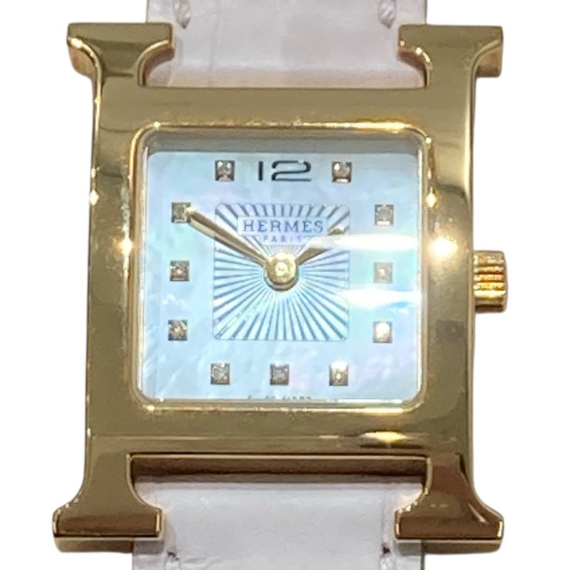 HERMES 愛馬仕 HH1.202 HEURE H 珍珠貝母鑽石鍍金手石英錶 不鏽鋼 石英錶-2