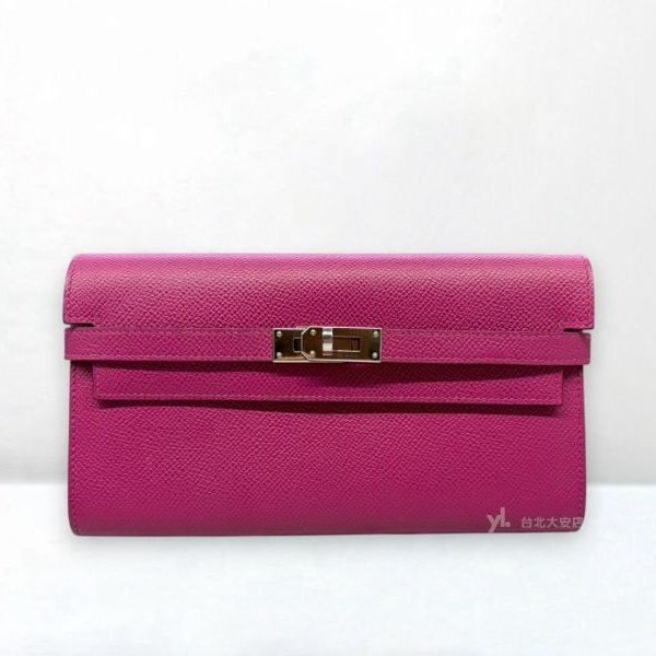 A13137-HERMES KELLY L3玫瑰紫EPOSM皮銀釦長夾-0