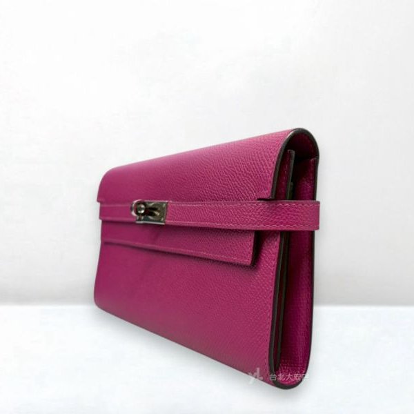 A13137-HERMES KELLY L3玫瑰紫EPOSM皮銀釦長夾-2