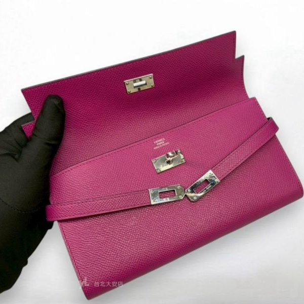 A13137-HERMES KELLY L3玫瑰紫EPOSM皮銀釦長夾-5