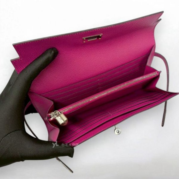 A13137-HERMES KELLY L3玫瑰紫EPOSM皮銀釦長夾-6