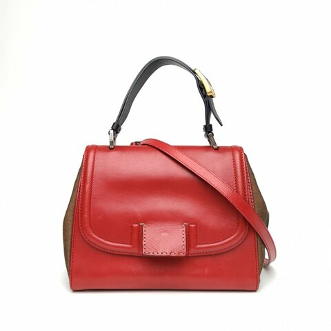 FENDI 拼色牛皮帆布中古芬迪手提包肩背包