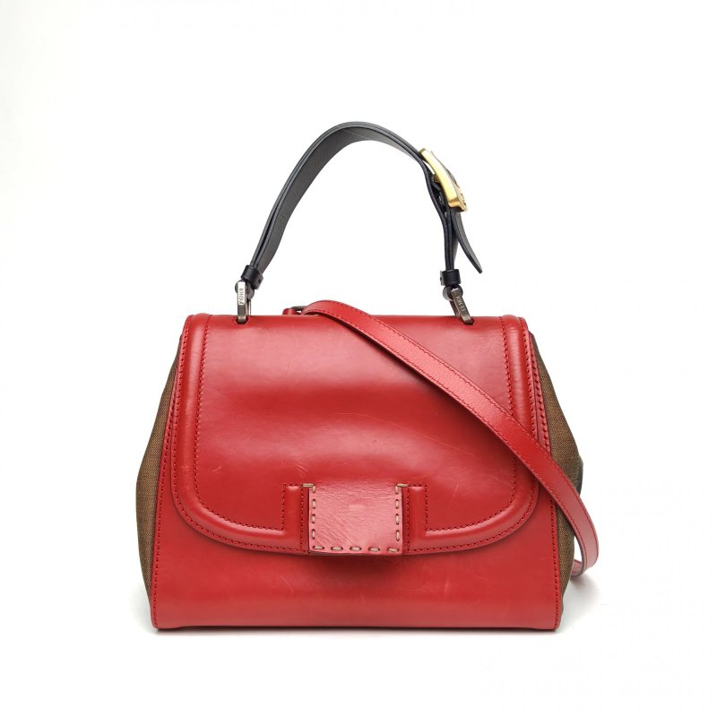 FENDI 拼色牛皮帆布中古芬迪手提包肩背包-0