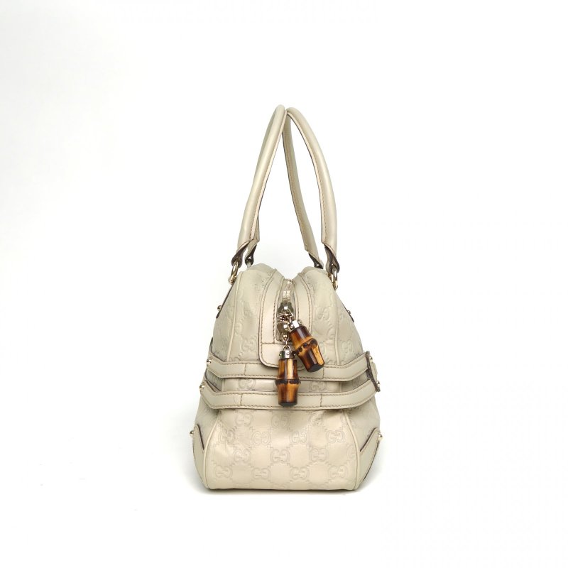 GUCCI 米白色牛皮淺金扣手提logo保齡球包肩背包-3