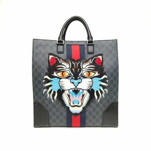 GUCCI 老花PVC銀扣刺繡虎頭tote肩背包