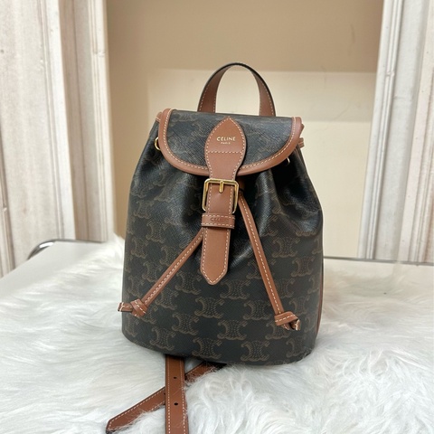 CELINE Folco  Backpack標誌印花老花滿印翻蓋 帆布拼牛皮革 背包雙肩包 迷你 mini黃褐色